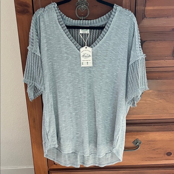 Very J Tops - Very J Pale Blue V-Neck Crochet Sleeve Top